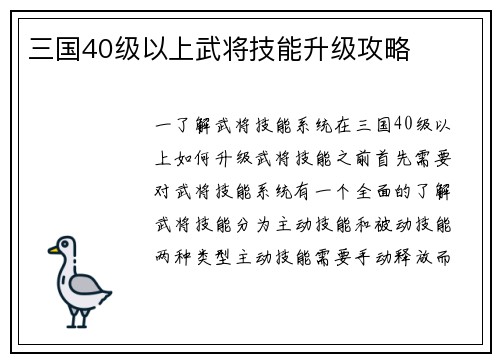 三国40级以上武将技能升级攻略